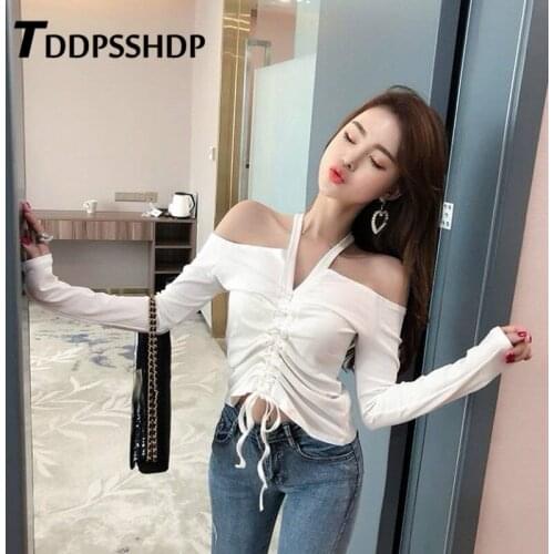 Fashion Sexy Long Sleeve Women T Shirt Autumn Solid Color Drawstring Halter Expose Belly Female Tee