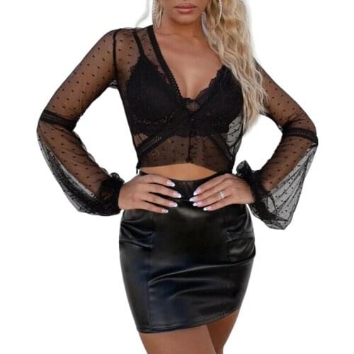 Women Black See Fashion Mesh Sheer Lace Long Bell Sleeve V Neck Polka Dot See Through Crop Tops Button Shirts Cover up Summer