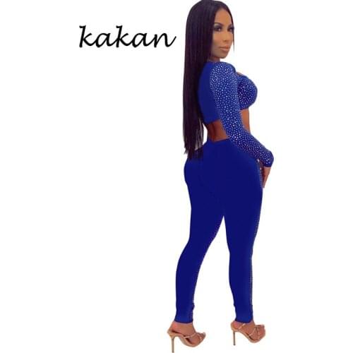 Kakan 2019 spring new womens hot drilling body tights sexy wrapped chest hollow bodysuit blue backless bodysuit
