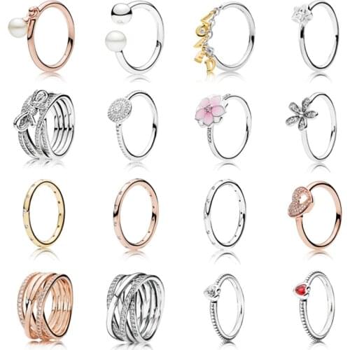 16 Styles New Flower Heart Pearl Silver Color Color Rings For Women Wedding Party Jewelry