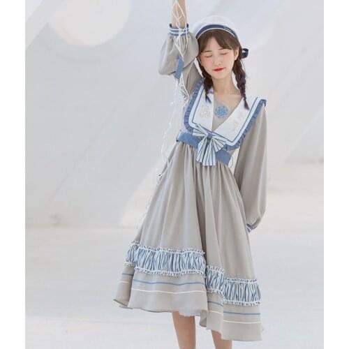 Blue White Grey Navy Collar Girl Lolita Op Long Sleeve Autumn Japanese Harujuku Kawaii Style Anime Gothic College Student Dress