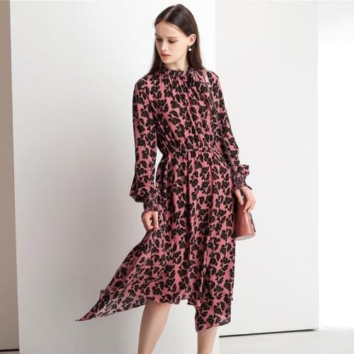 Pink Print Leopard Floral Silk Dresses Women Fashion 2021 Summer Long Casual Sexy Office Work Daily Dress Plus Size Slim Fit