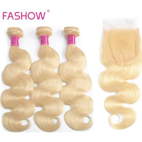 613 Blonde Color Brazilian Body Wave Hair Weave 3Bundles With Closure 10-28inch 100% Brazilian Remy Human Hair Extension