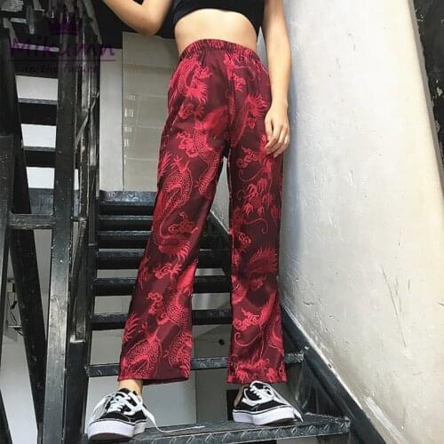 Chinese Style Dragon Embroidery Satin Wide Leg Pants Elastic High Waist Casual Loose Harajuku Punk Hiphop Men and Women Trousers