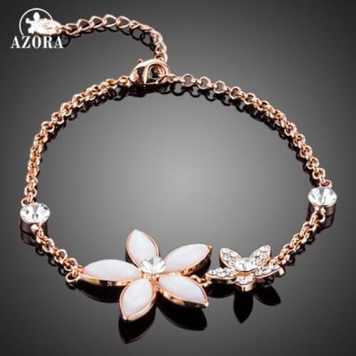 AZORA Beautiful Rose Gold Color Two Flower Stellux Austrian Crystal Engagement Charm Bracelet for Women TS0081