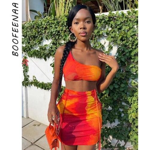 BOOFEENAA Sexy 2 Piece Sets Womens Vacation Outfits Summer 2021 One Shouler Crop Top and Bandage Mini Skirts Clubwear C85-CD17