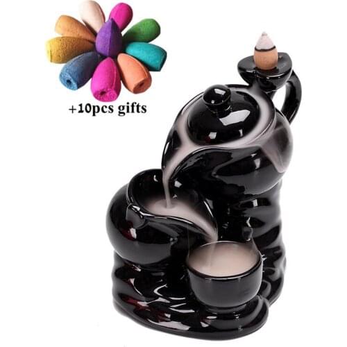 Teapot Shape Ceramic Smoke Backflow Incense Burner Waterfall Censer Incense Holder Home Decor Ornaments + 10pcs Free Cones