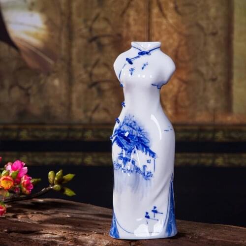 Chinese Hand-painted Blue White Porcelain Cheongsam Vase Ceramic Accessories Home Livingroom Desktop Bookcase Decoration Crafts