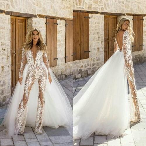 Jumpsuit 2021 Long Sleeve Prom Dresses Lace Appliqued Sexy Bridal Outfit Summer V Neck Evening Gowns