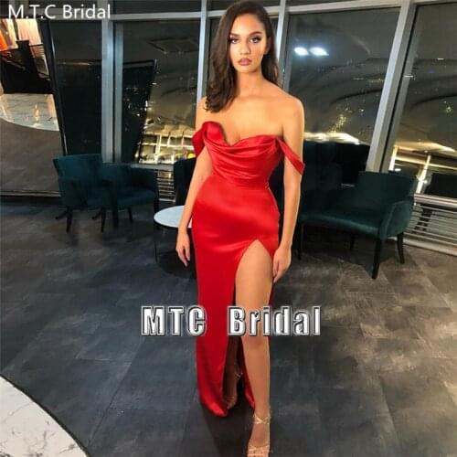 Red Long Sexy Prom Dresses High Slit Pleat Satin Off The Shoulder Charming Wedding Party Dress For Women Formal Gown Plus Size