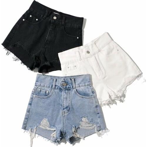 Summer Jeans Shorts For Women 2021 Ripped Hole Washed Blue Denim High Waist Female Straight Short Pants Trousers Elastic C2634