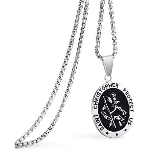 Valily Saint Christopher Necklace Man Stainless Steel Black Catholic Patron St Medal Pendant Jewelry Traveler Medallion Necklace