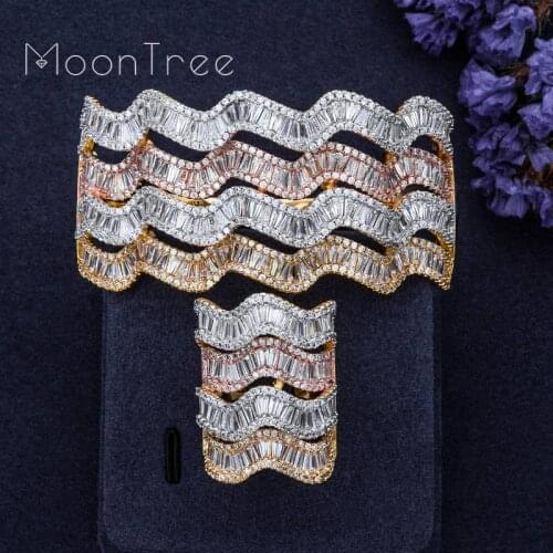 MoonTree Twist Shape Wide Bangle Ring Set Full Rhinestones Copper Three Tones Colors Jewelry Sets Women Bridal Wedding Gifts Bij