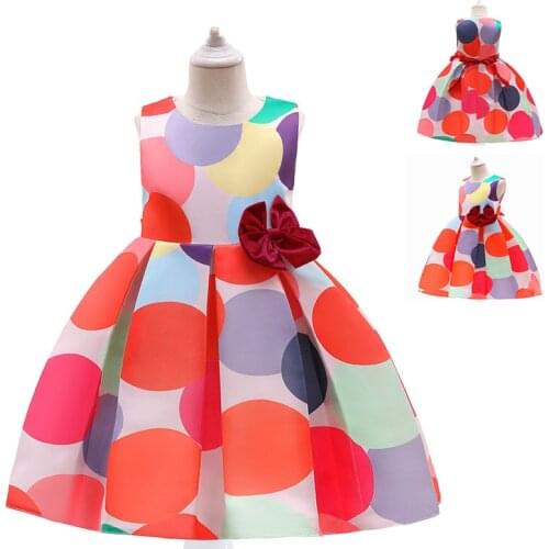 2021 Summer New Sleeveless Bow-knot Ribbon Color Dot Princess Dresses For Girls Birthday Party Dresses Banquet Evening Dresses