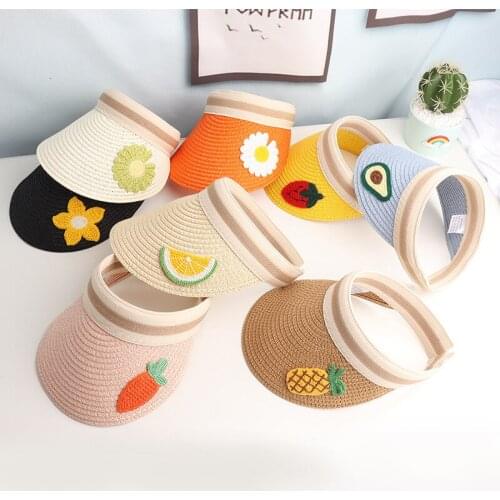 OMEA Korean Women Cute Fruit Visors Hat Summer Straw Hat Adjustable Kids Fedora Hats Beach Sun Shade Wide Brim Floppy Hat Paper