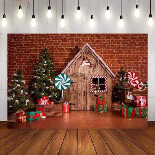 Christmas house Backdrop for photography Retro Vintage Red Brick Wall Photo Booth Background Christmas Tree gifts Decoration