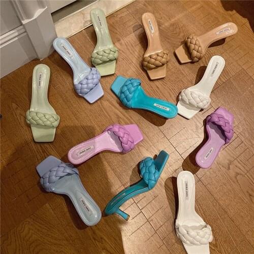 2021 Women Slippers Shoes Woman Fashion Ladies High Heels Square Toe Weave Mules Shoes Women Slipper Outdoor Footwear Slides