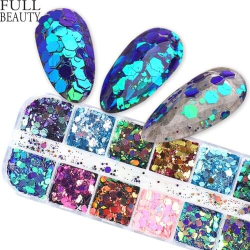 12 Grids Blue Nail Glitter Sequin Chameleon Sparkly Hexagon Design for Nails Paillette Dust Set Polish Manicure Accessory CHGB