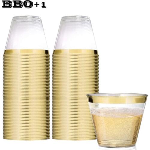 25/50/100pcs Disposable Plastic Cups with Gold Rim 9OZ Wedding Party Tumblers Gold Bronzing Drinking Cups Bulk Christmas Party