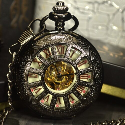 TIEDAN Steampunk Luxury Antique Black Skeleton Mechanical Pocket Watch Men Chain Necklace Business Automatic Pocket Watches