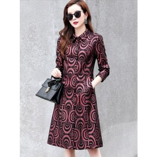 Spring New Style Women Fashion Genuine Leather Jacket Female Mid-length Korean Slim Sheepskin Printed Windbreaker Trend Coat