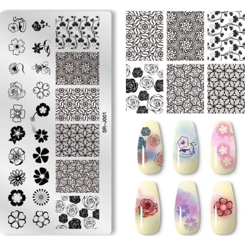 MEET ACROSS Rectangle Nail Stamping Plates Lace Flowers Leafs Marble Texture Ink Geometry Pattern Nail Art Image Stamp Templates