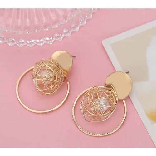 XUAN NGAN Fashion Geometric Metal Wire Woven Ball Earring Pearl Hanging Drop Gold Earring Statement Earring Jewelry For Women
