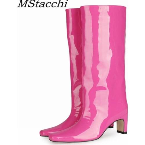 MStacchi Knee-length Womens Boots Square Heel Plush Solid Color Slip-on Party Woman Boots Winter Women Low Heel Leather Shoes