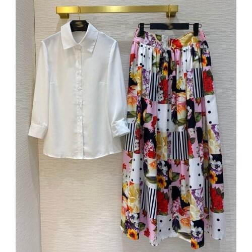 New 2021 Womens Summer Fashion Runway Skirt Suit 3/4 Sleeve white shirts+ dot stripe floral Print long Skirt Two Piece Set y454