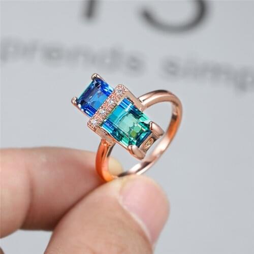 Geometric Gradient Zircon Rainbow Stone Rings for Women Vintage Fashion Rose Gold Color Engagement Promise Ring Wedding Jewelry