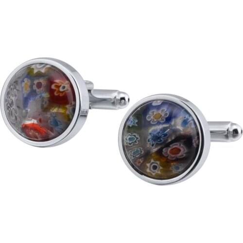 10pairs/lot Silver Round Coloured Glaze Cufflinks Colorful Glass With Flower Pattern Cuff Links Mens Jewelry Accessory Gift