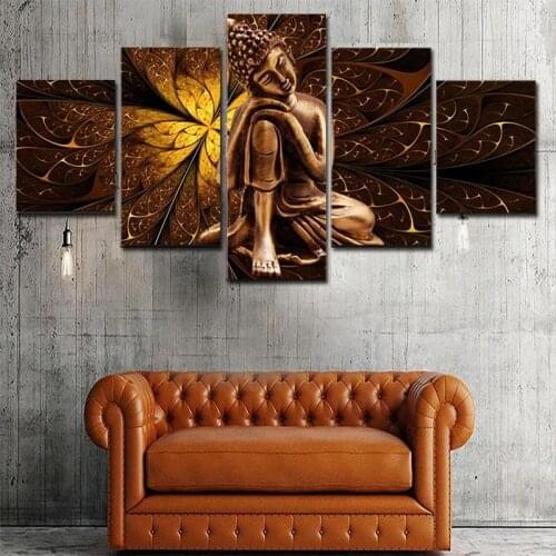 2021 5Pcs Asia Modern Abstract Retro Golden Buddha Oil Painting Office Mural Living Room Artist Home Decoratio Hand Painted