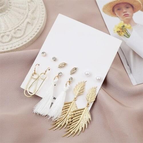 6Pairs/Set Womens Simple Rhinestone Pearl Stud Earrings Set Fashion White Tassel Gold Paperclip Leaf Earring Jewelry Gifts
