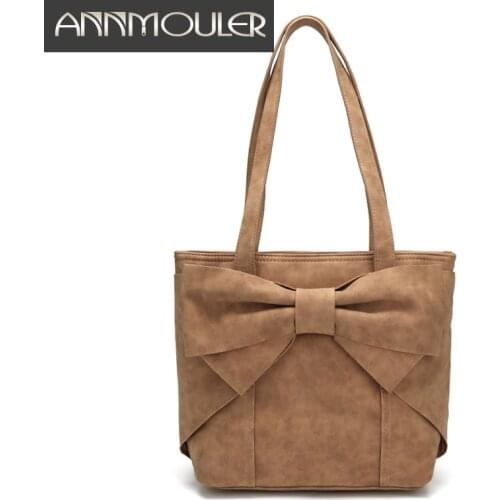 Annmouler Brand Women Handbags Pu Leather Cute Tote Bag Large Capacity Shoulder Bag OL Fashion Bag Bow Clutch Book Bag for Girl