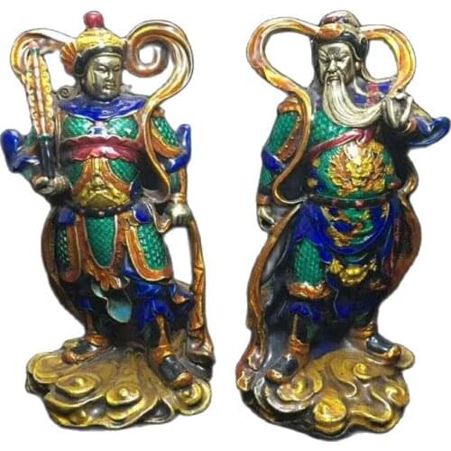 Antique bronze wares cloisonne Guan Gong-wu goalkeepers door god pair Guan Gong-weituo ornaments and crafts