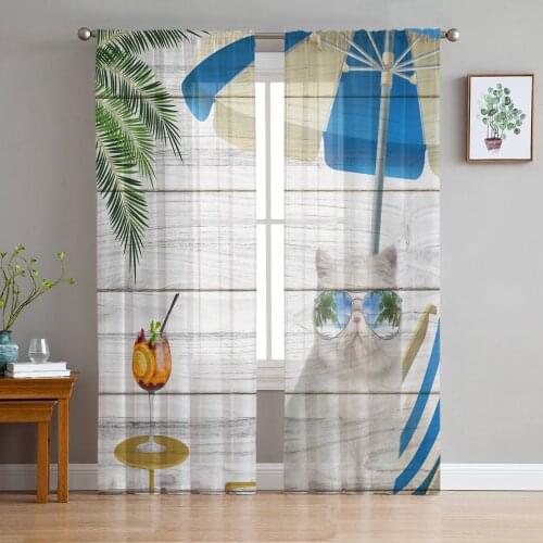 Wood Beach Cat Palm Tree With Sunglasses Voile Tulle Sheer Curtains for Bedroom Living Room Kitchen Decor Window Curtain