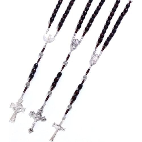KOMi Christ Jesus Wooden Beads 8x10 mm Rosary White Cross Pendant Braided Rope Chain Link Necklace Religious Prayer Jewelry