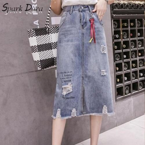 SparkDora 2020 plus size 3XL!Denim skirt fashion high waist split spring autumn hole letter jeans skirt a-line