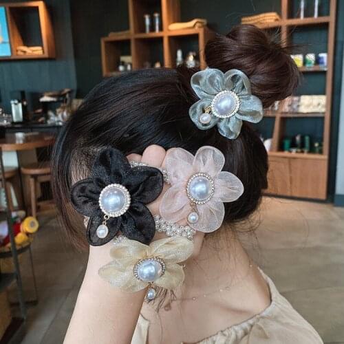 Organza Elastic Pearl Hairbands Flower Hair Bands Ropes Scrunchies For Women Rhinestone Ponytail Holder Rubber Hair Accessories