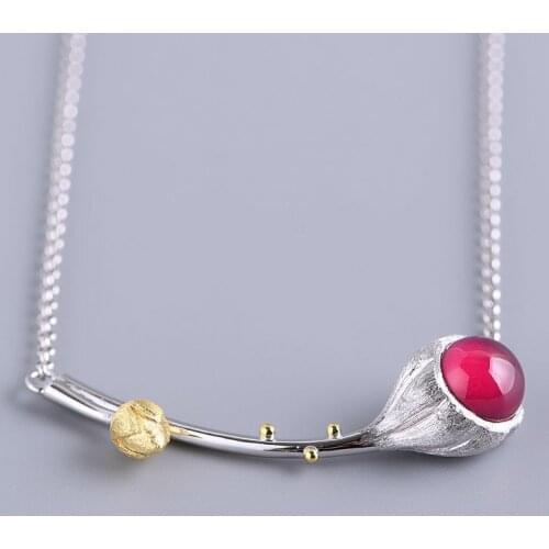 FNJ 925 Silver Tulip Flower Pendant For Jewelry Making Vintage 45cm +5cm 100% Pure Sterling Silver Necklace Women Roes Corundum