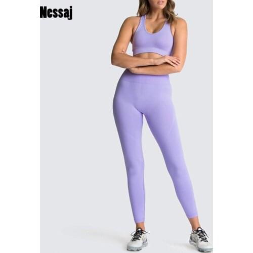 Nessaj Female Seamless Sport Set Solid Color Sleeveless Top High Waist Sport Leggings Suits Gym Clothes Sportswear Outfits
