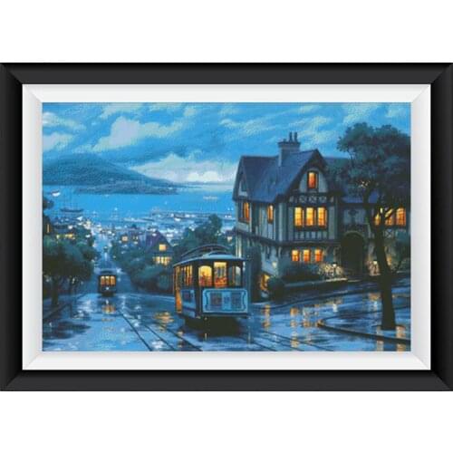 Midnight Street Scenery Cross Stitch Patterns Kits Printed Canvas Embroidery Sets 11CT 14CT Needlework Wall Decorations Home Fun