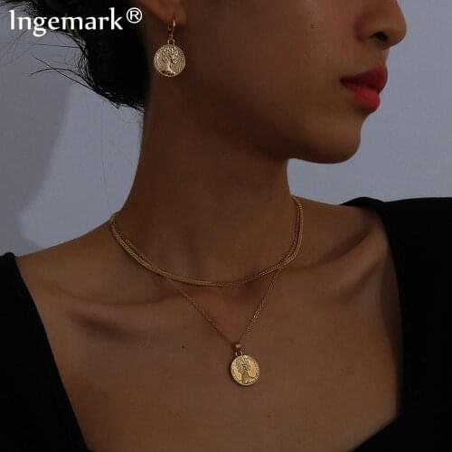 Gothic Punk Love Angel Pendant Necklace Earring Set for Women Kpop Carved Coin Drop Earring Engagement Gift Couple Jewelry Sets