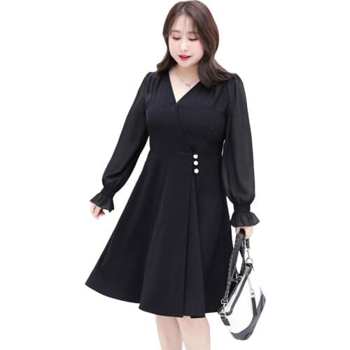 2020 New Oversize Women Spring Long sleeve Dress Fashion V-neck Black A-line Dress Plus size 4XL Female Slim Beaded Dresses G978