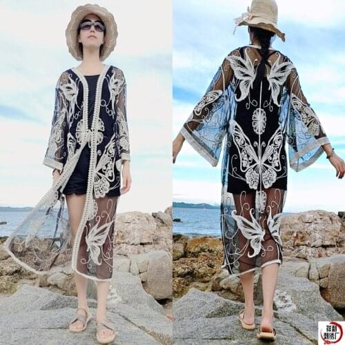 BBSET Beach Sunscreen Clothing Womens Cardigan Sexy Lace Seaside Vacation Bikini Mid-length Coat Swimsuit Blouse Shawl
