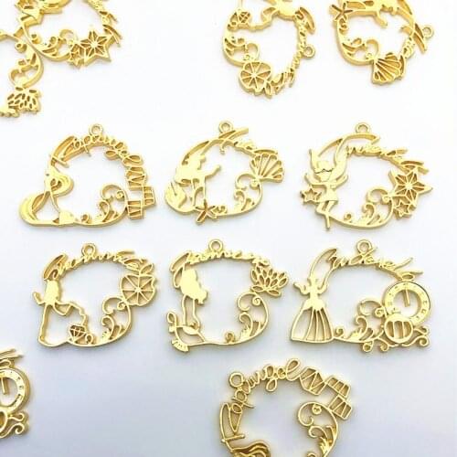 GLADZGT 5 pcs/lot Angel letters mermaid shape Metal Frame Pendant Gold Charm Bezel Setting Cabochon Setting UV Resin Charm
