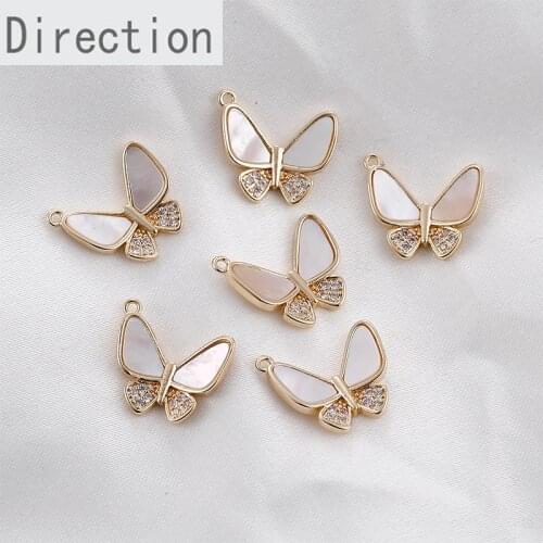 Butterfly shell zircon pendant 14k copper clad gold and silver needle diy earring necklace bracelet material accessories A pair