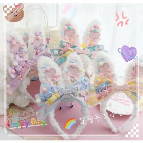 Handmade Lolita Sweet KC Hairband Harajuku Cute Black Sweet Rabbit Ears Cute Match Cute Headdress Hair Ornaments Gift Japanese