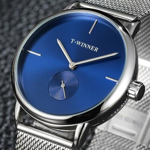 T-WINNER Men Watch Top Brand Fashion Luxury Silver Blue Hand Winding Mechanical Watches Mens Simple Casual Waterproof Wristwatch