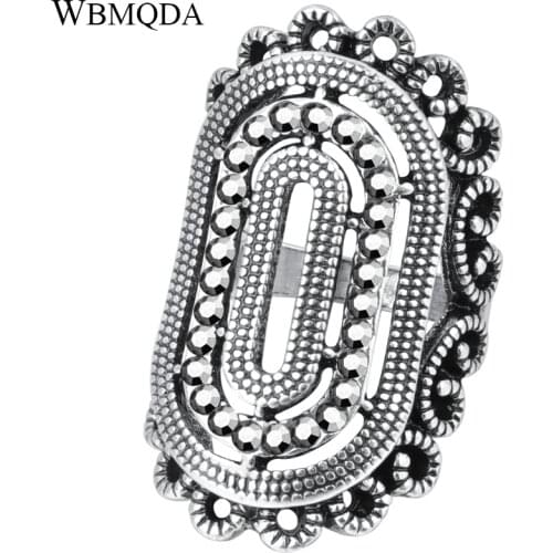 Wbmqda 2019 New Vintage Crystal Ring Hollow Geometric Antique Silver Color Cocktail Rings For Woman Boho Jewelry